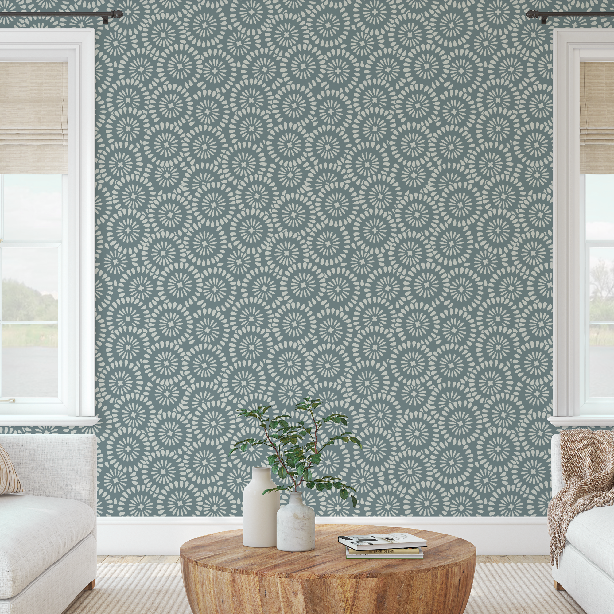 The finished repeat wall pattern in a living room.
