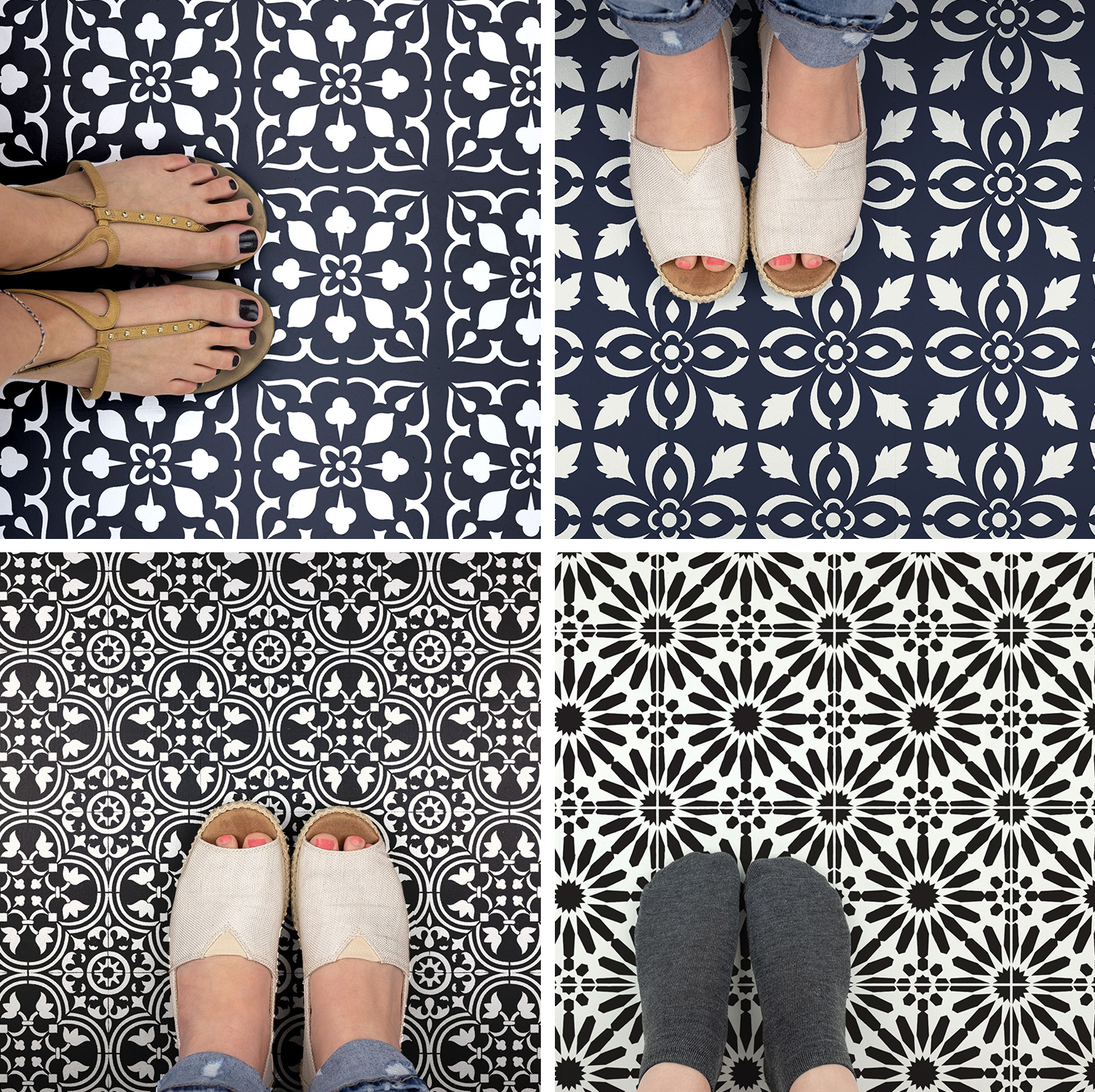 Collage of 4 popular Stencil Revolution tile stencils completed on floor