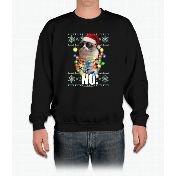 Grumpy Cat Ugly Sweater Christmas Lights No Graphic T-shirt Crewneck 