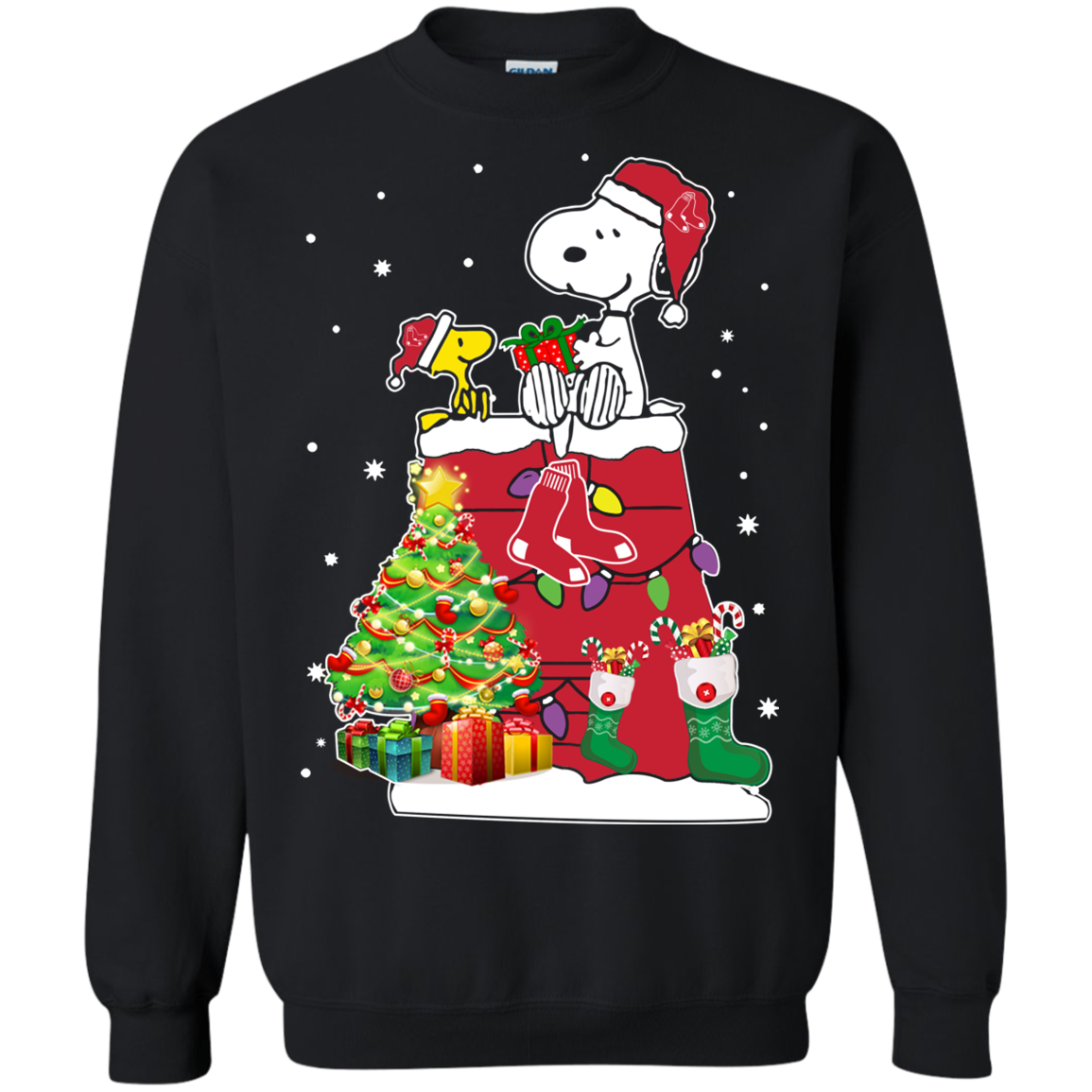 Find Boston Red Sox Snoopy & Woodstock Christmas Shirt G180 Crewneck Pullover 8 Oz.