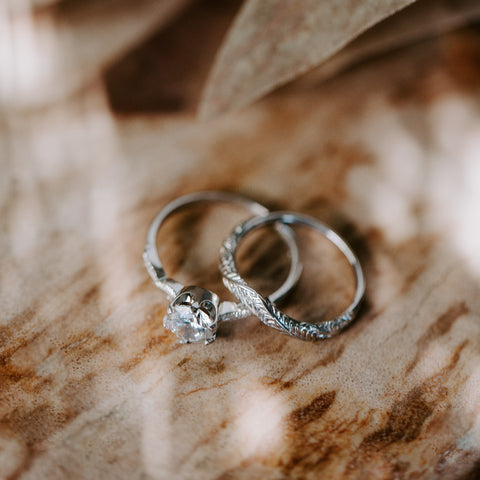 white gold leaf nature wedding bands