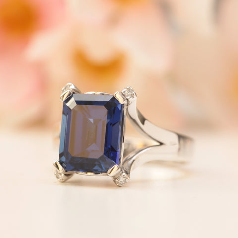lab created sustainable blue sapphire and diamond engagement ring