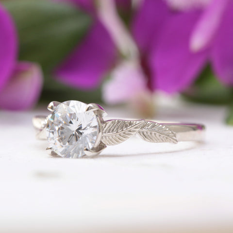 one carat solitaire moissanite leaf engagement ring