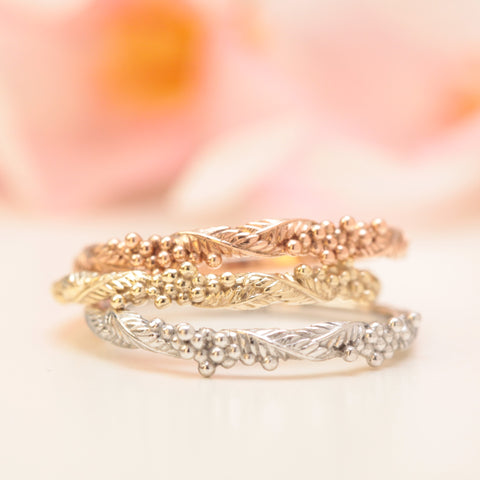 wattle nature wedding rings in yellow white and rose gold