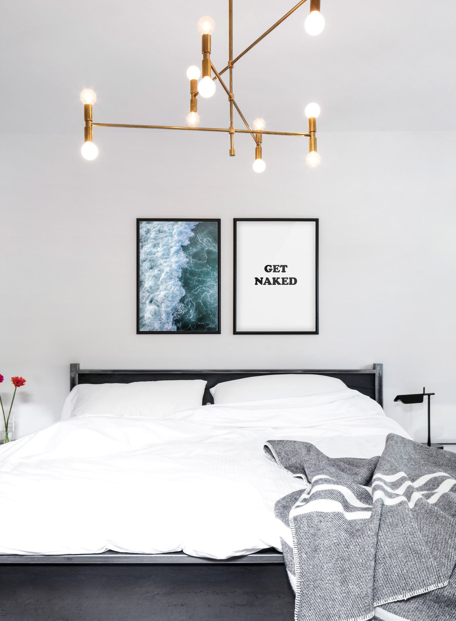 Scandinavian poster with black and white graphic typography design of Get Naked and sea photography - Bedroom