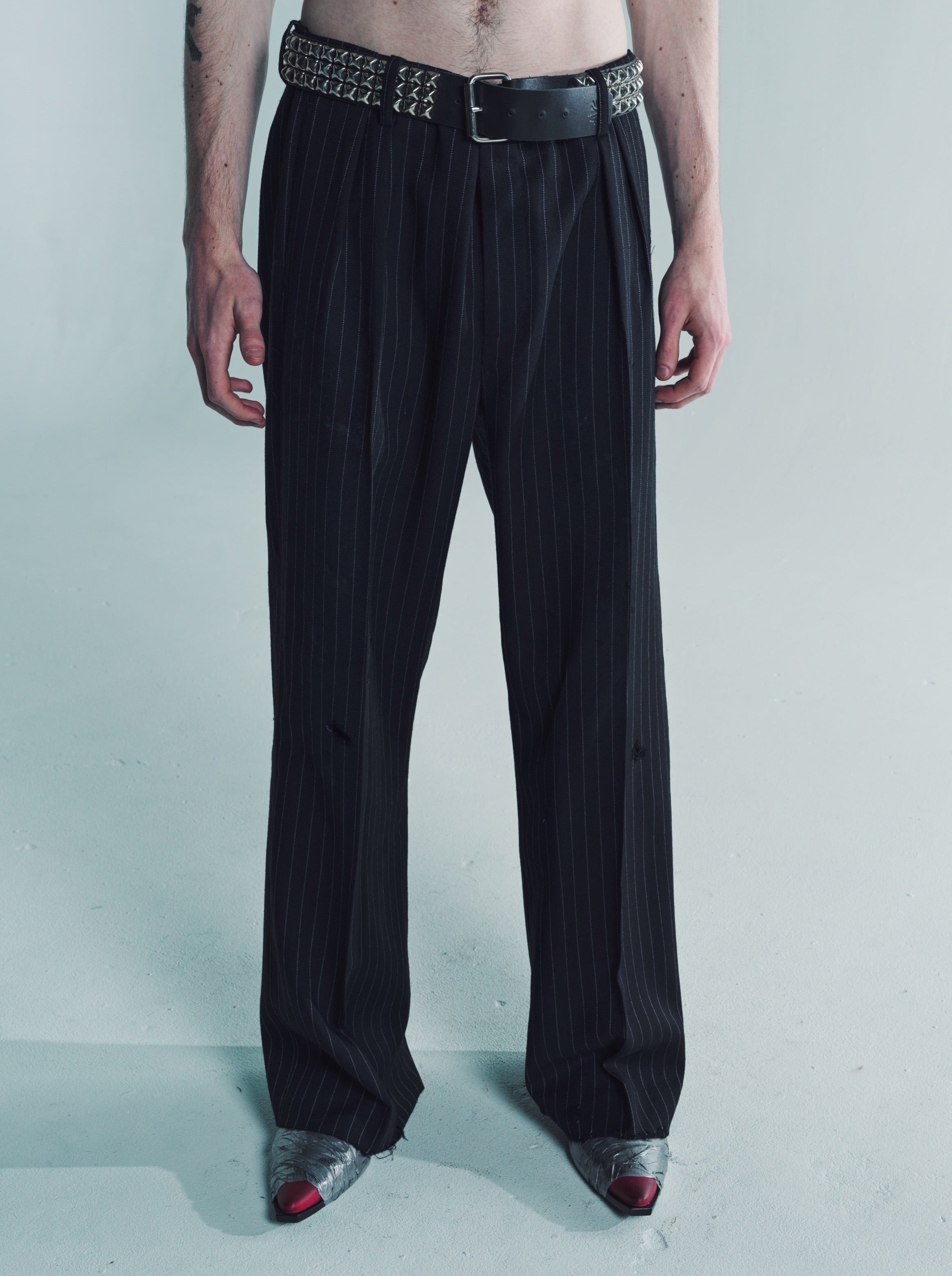 DPTO — Black & White Pinstripe Wool Flare Trousers