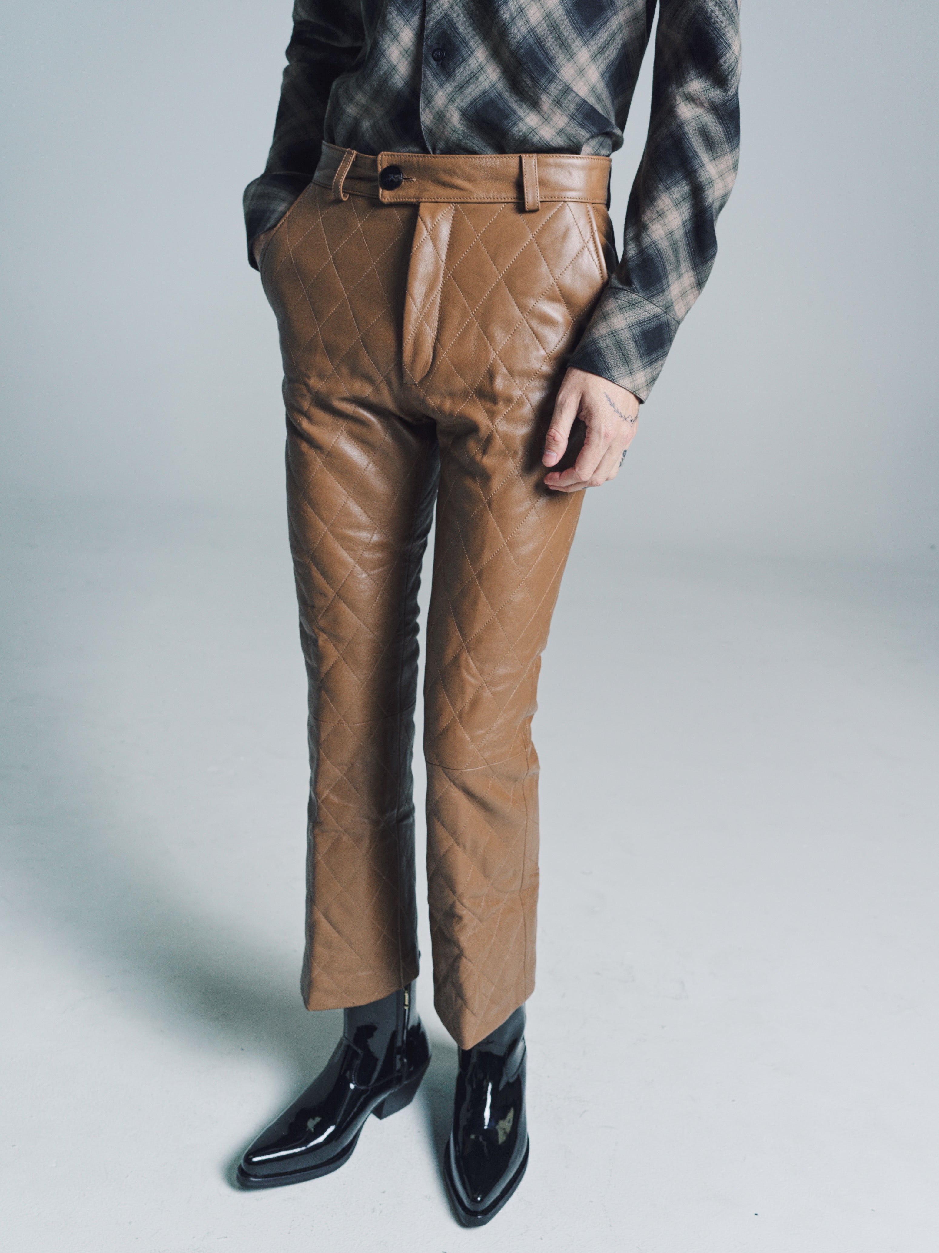 DPTO — Camel Leather Quilted Flare Trousers