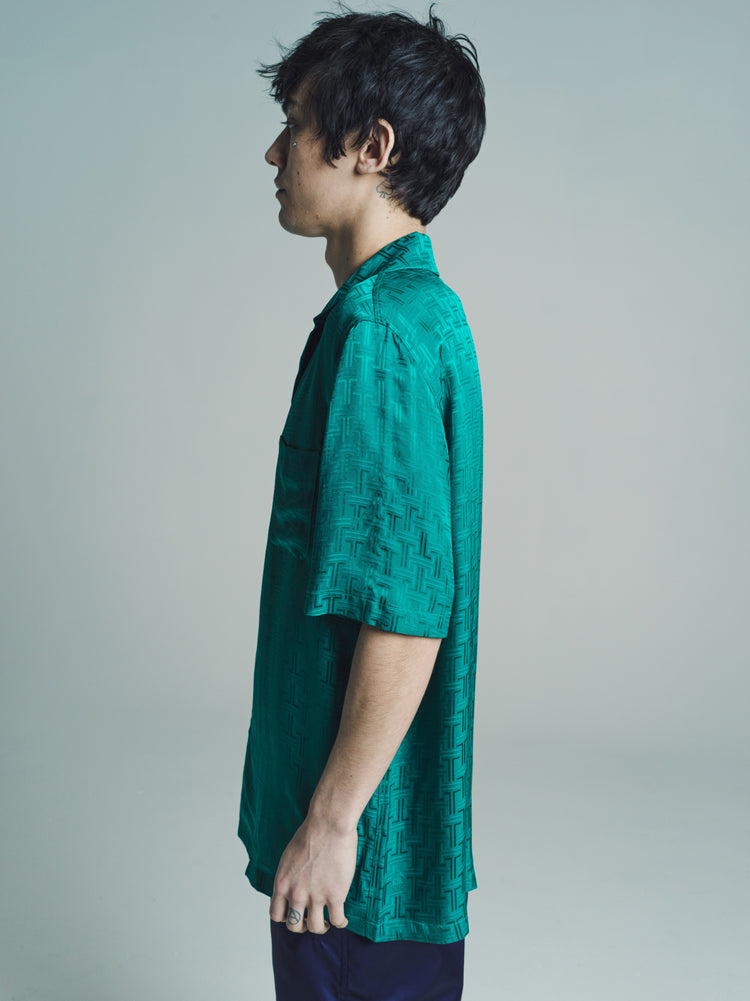DPTO — Teal Blue Silk Printed Short Sleeve Shirt