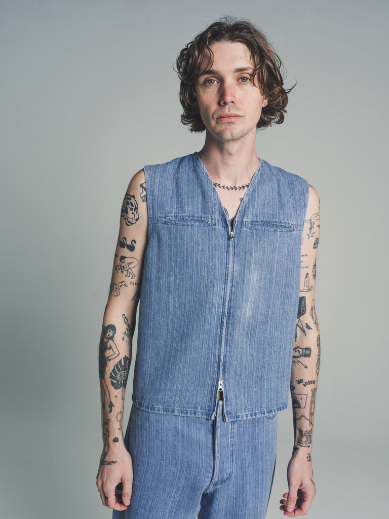 No.193 Bleached Indigo Denim Zipper Vest | Gabriela Coll Garments