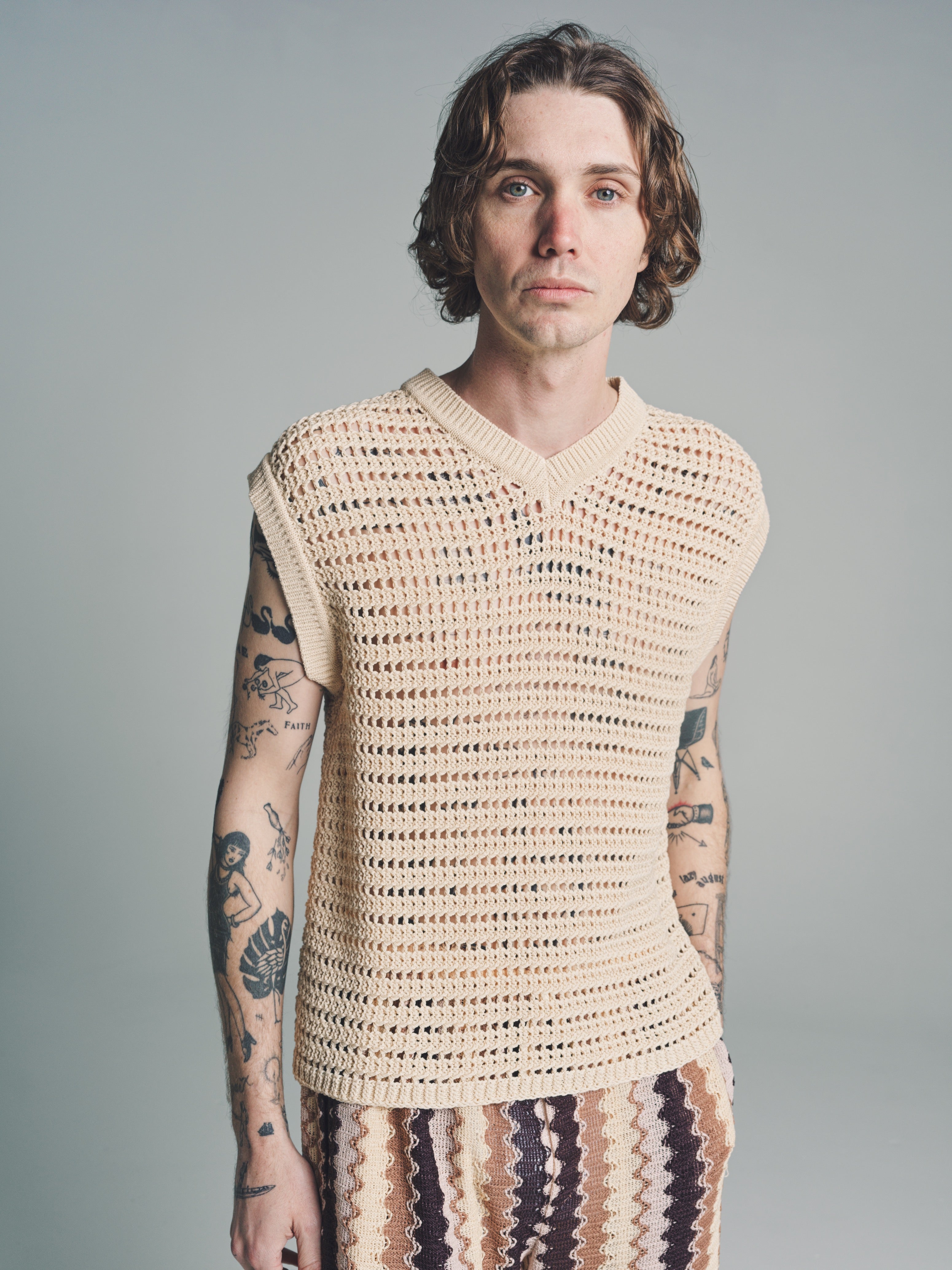 DPTO — Ecru Knitted Trace Crochet Vest