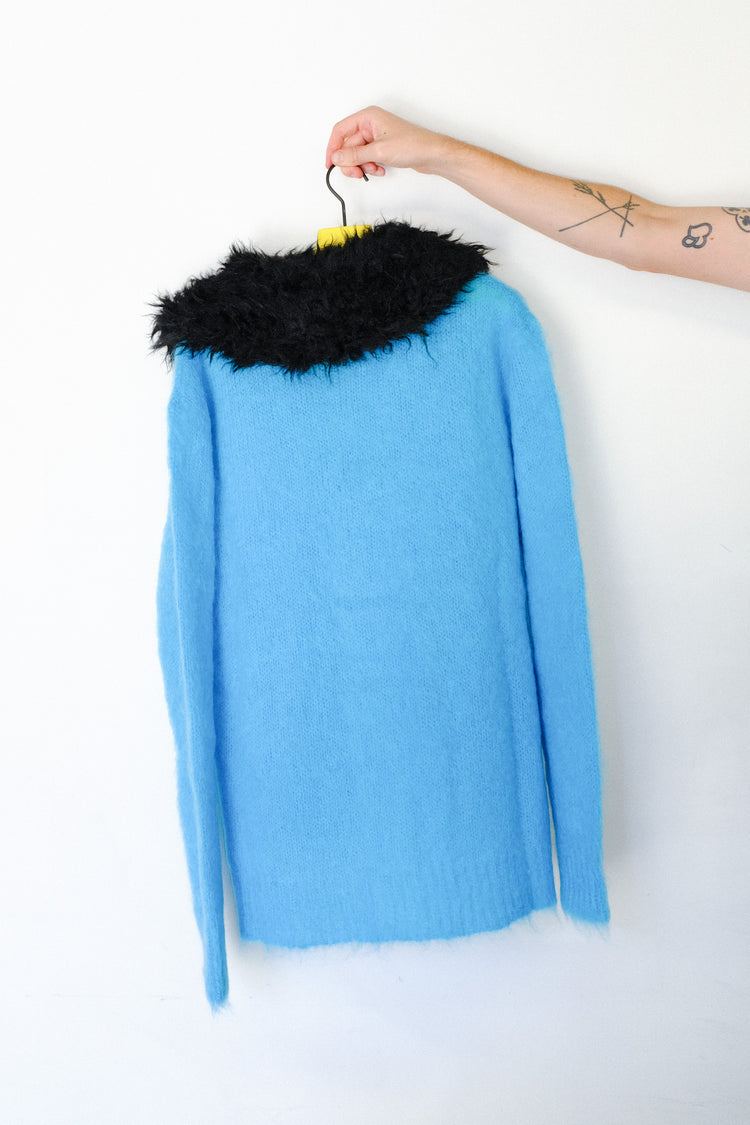 DPTO — Turquoise Mohair Cardigan with Detachable Faux Fur Collar