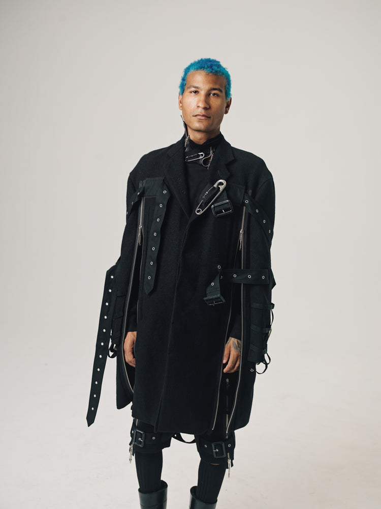 DPTO — Black Wool Music Staff Strapped Chesterfield Coat