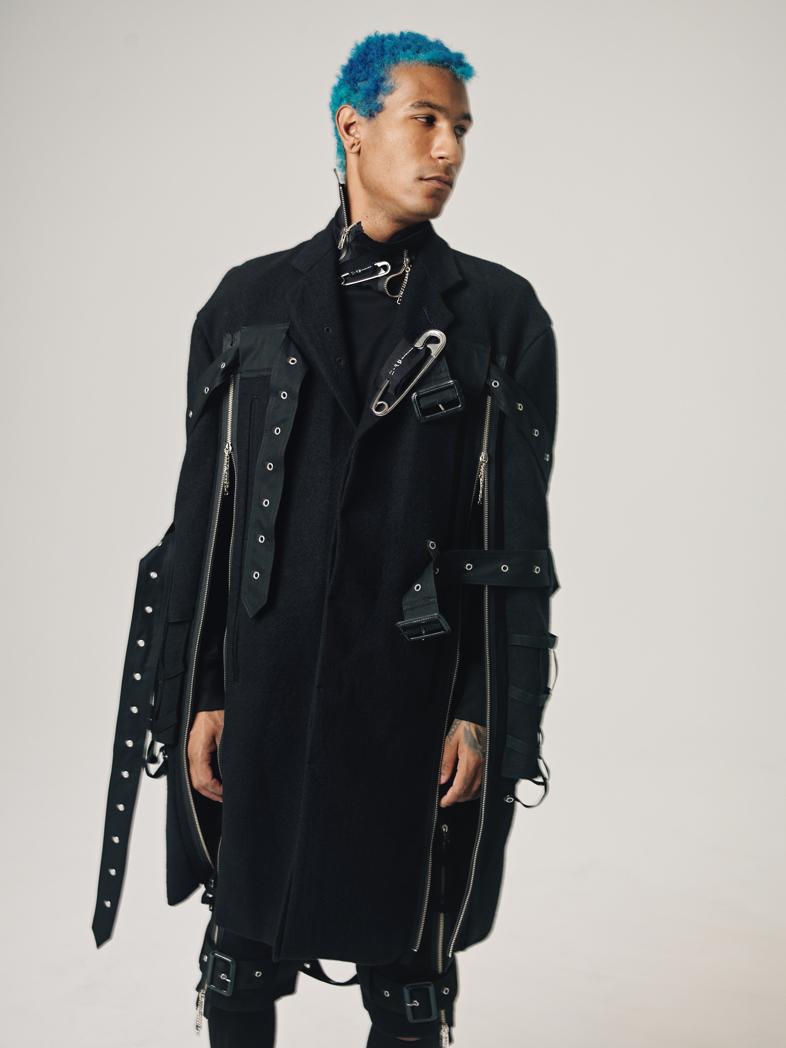 DPTO — Black Wool Music Staff Strapped Chesterfield Coat