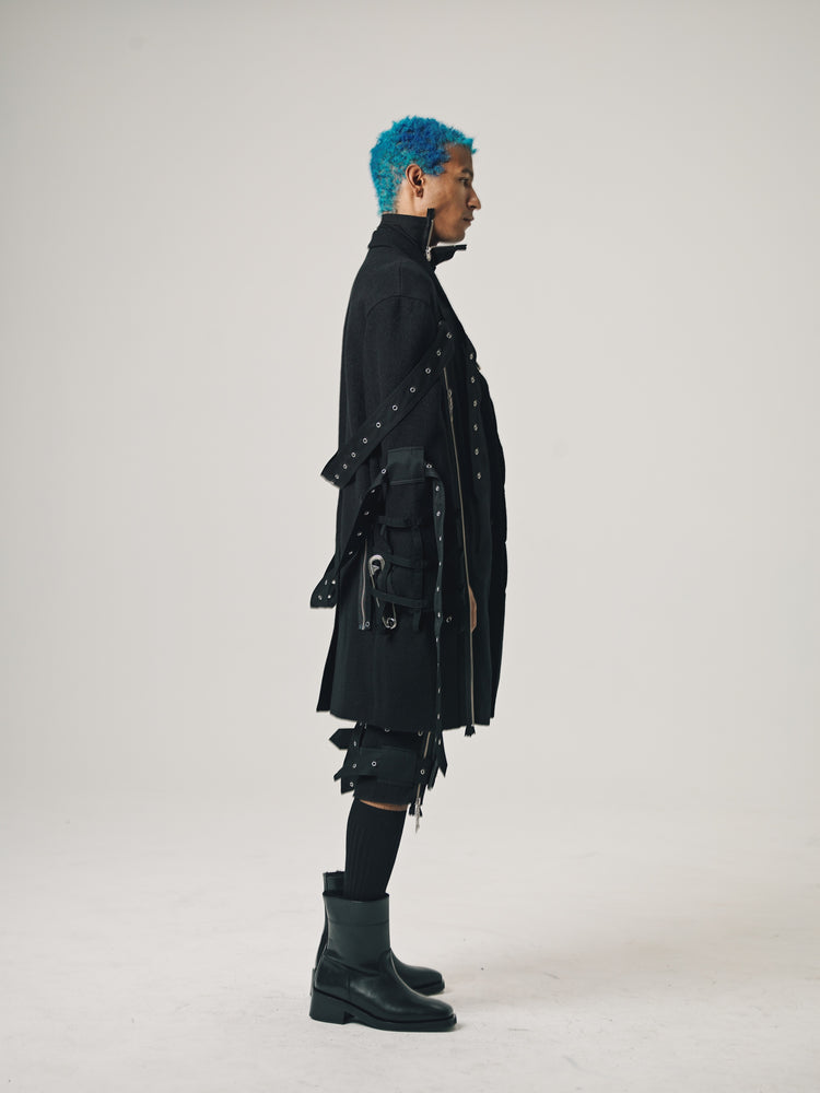 DPTO — Black Wool Music Staff Strapped Chesterfield Coat