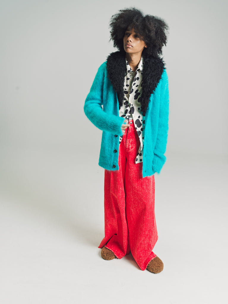 Turquoise Mohair Cardigan with Detachable Faux Fur Collar | Marni