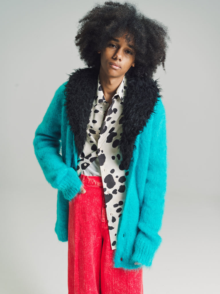 Turquoise Mohair Cardigan with Detachable Faux Fur Collar | Marni