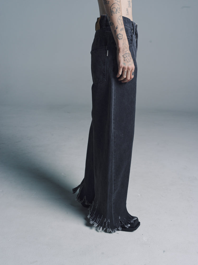 DPTO — Black Flocked Ripped Hem Wide Leg Denim