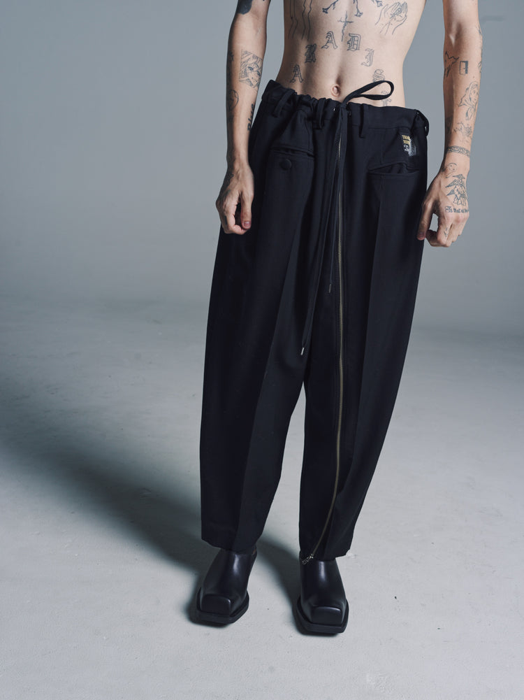 DPTO — Black Wool Reverse Cropped Baggy Zipper Pant