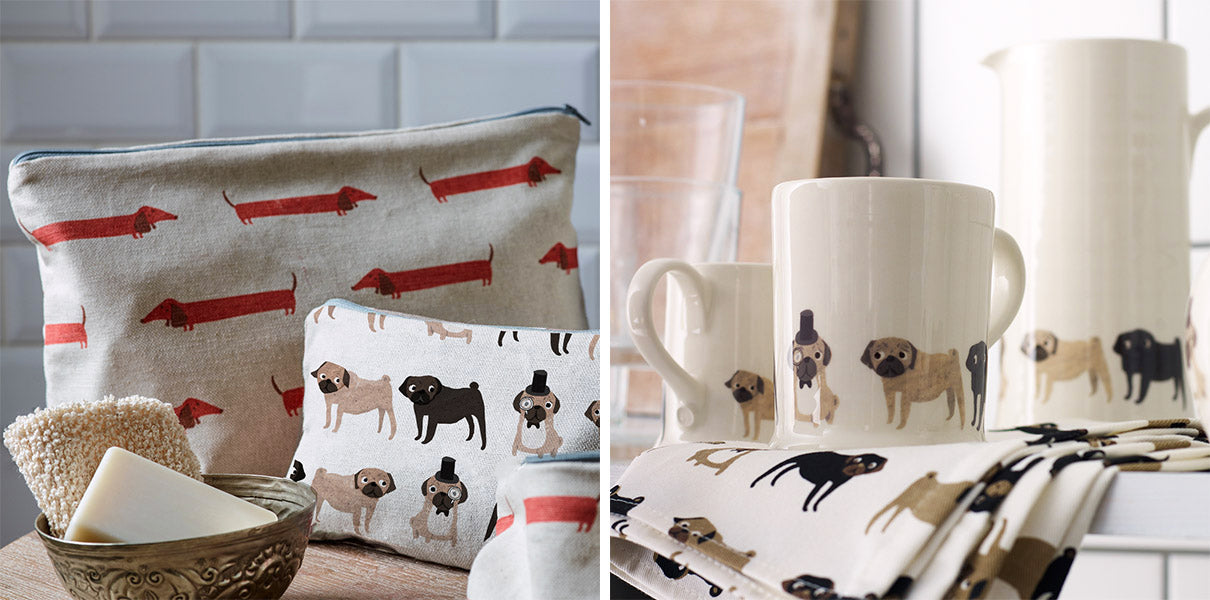 Fenella Smith pug mug and tea towel and dashund make up bag