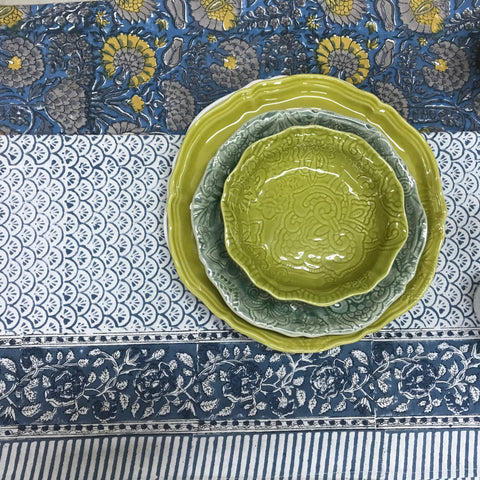 Floral Yellow Block Print Table Cloth + Fan Table Cloth