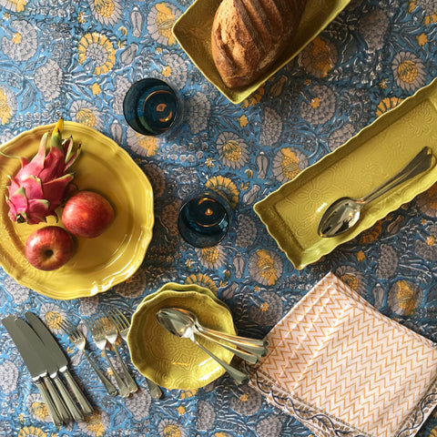 Floral Yellow Block Print Table Cloth + Zig Zag Mustard Napkins