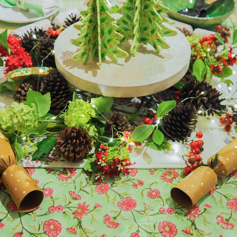 block printed table linen with Christmas centerpiece