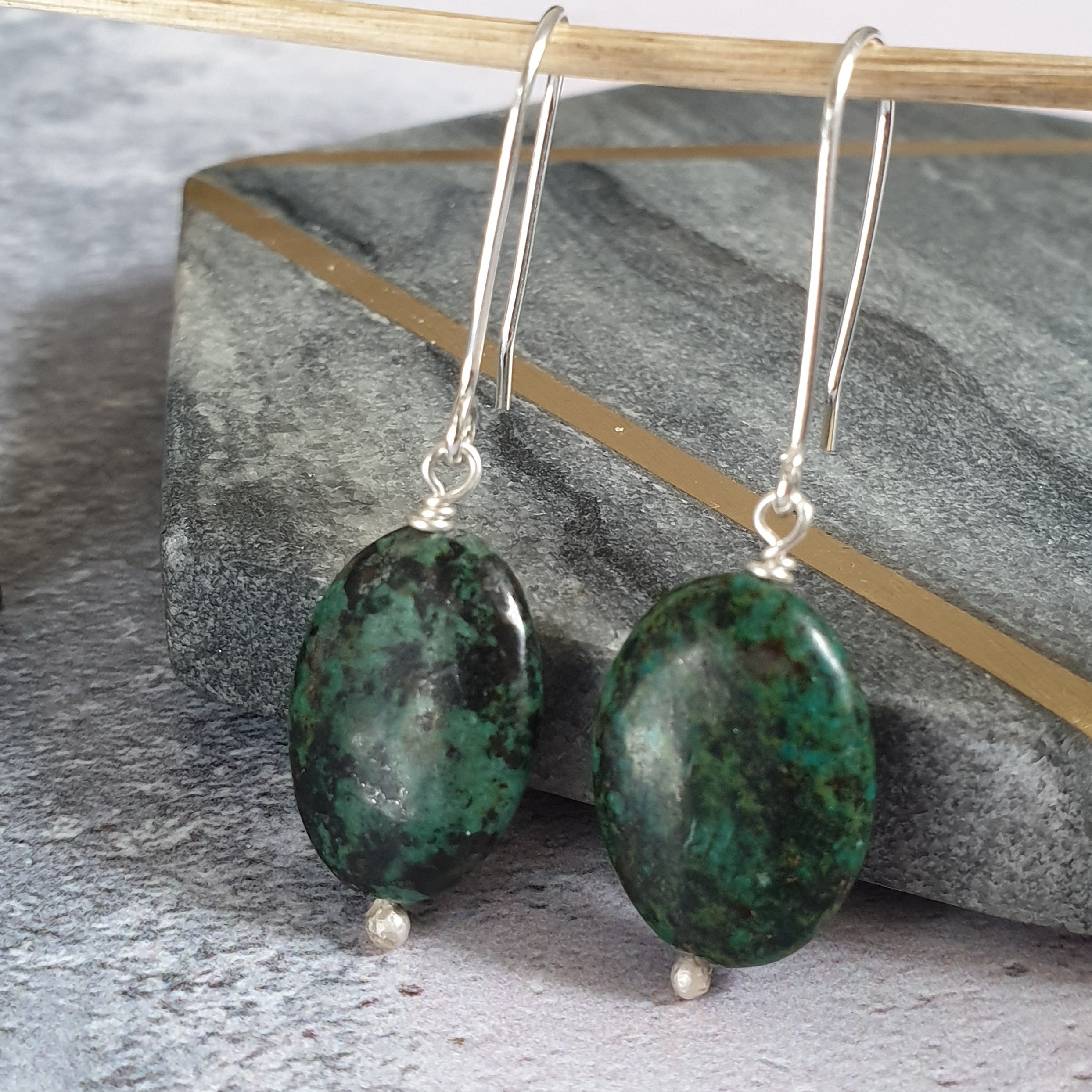 Green Bead Sterling Silver Drop Earrings