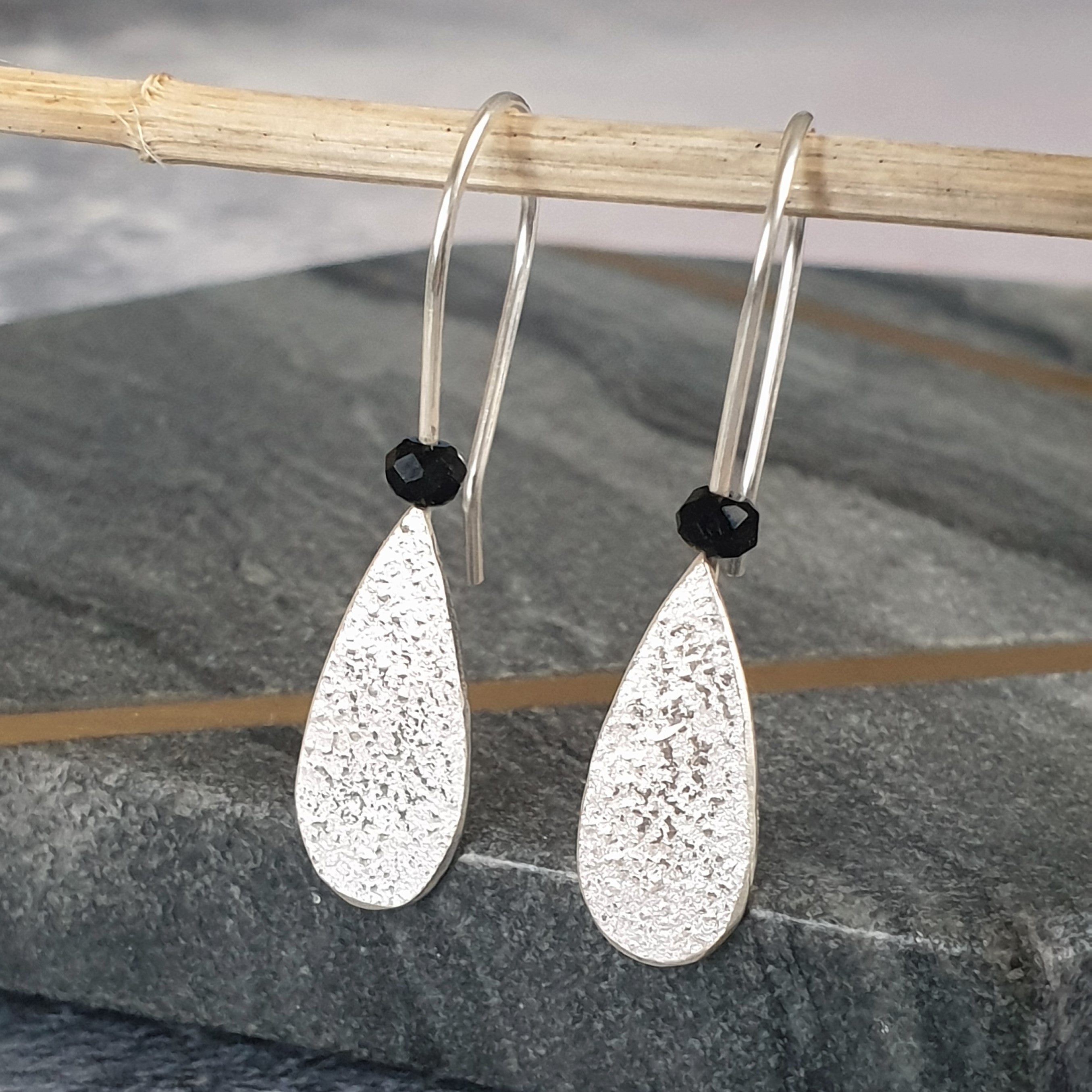 Black Onyx Textured Teardrop Silver Earrings