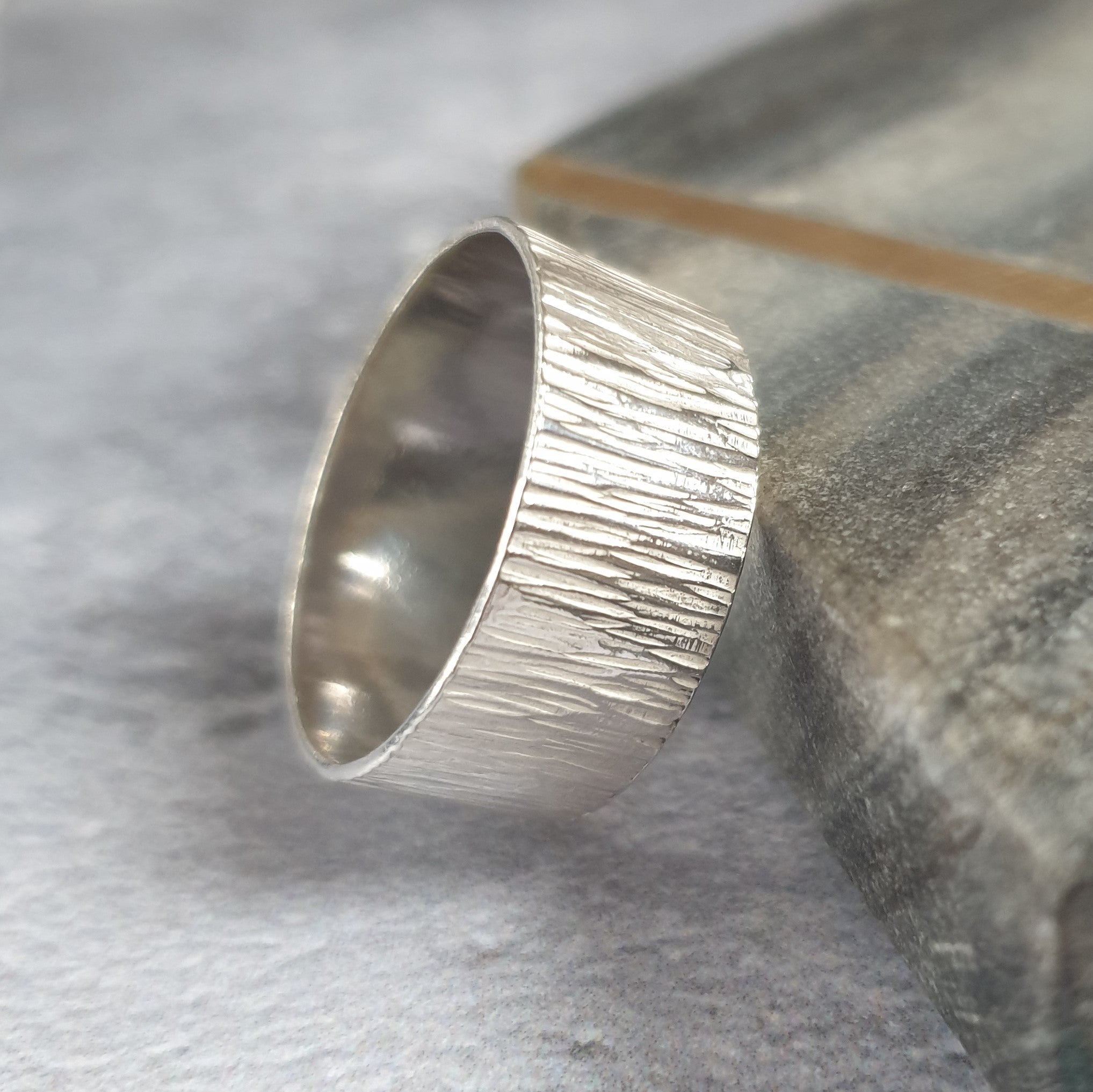 Super Wide Bark Hammered Silver Ring