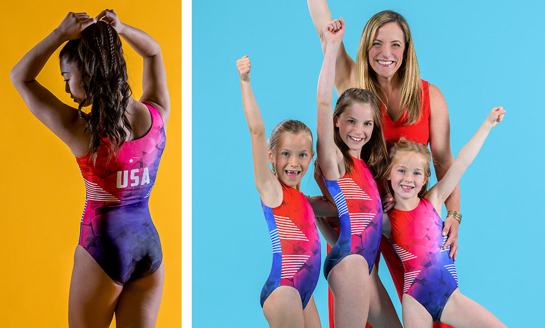 Left image: the back of a girl wearing the Victorious red, white, and blue USA leotard and adjusting her ponytail. Right image: Destira CEO Jen Atkinson with her three daughters wearing the Victorious red, white, and blue leotard.