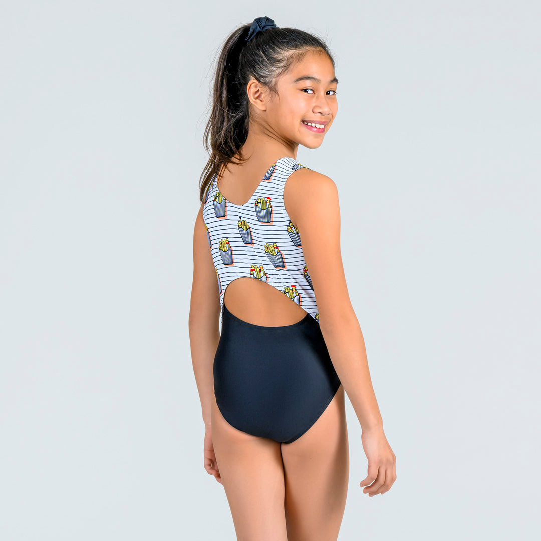 French fry themed open back gymnastics leotard by Destira, 2024