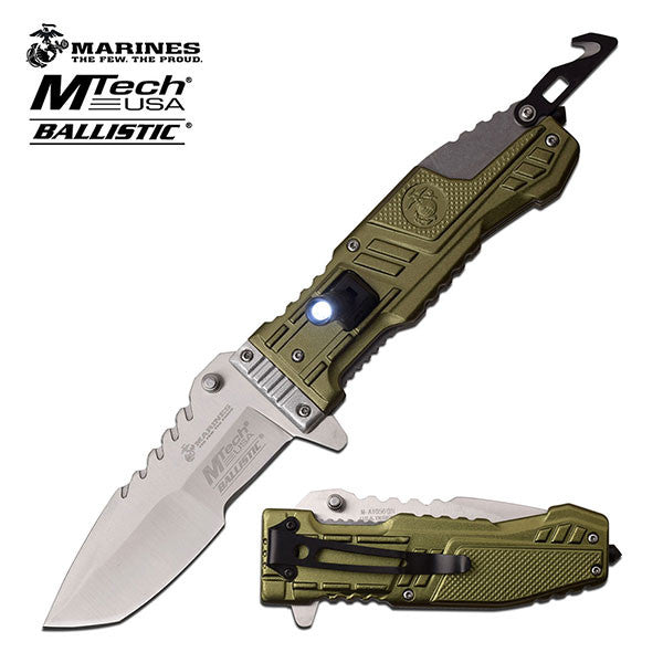 MTech US Marines Tactical Spring Assisted Knife Green LED Light