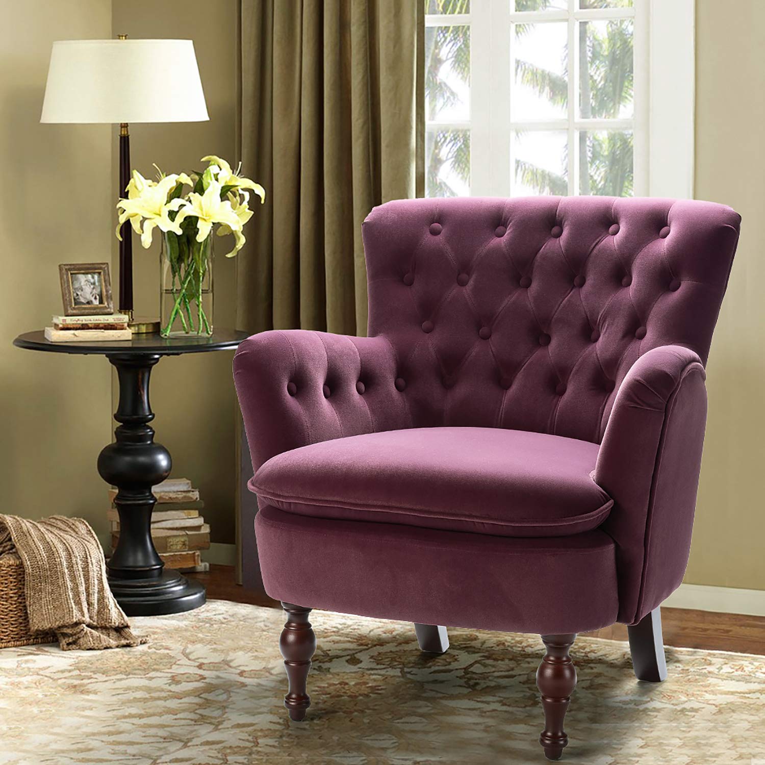 purple velvet tufted arm chair living room accent chair