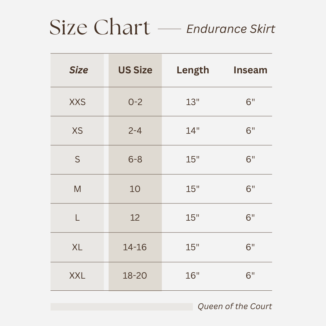 Endurance Pickleball Athletic Skirt Size Chart