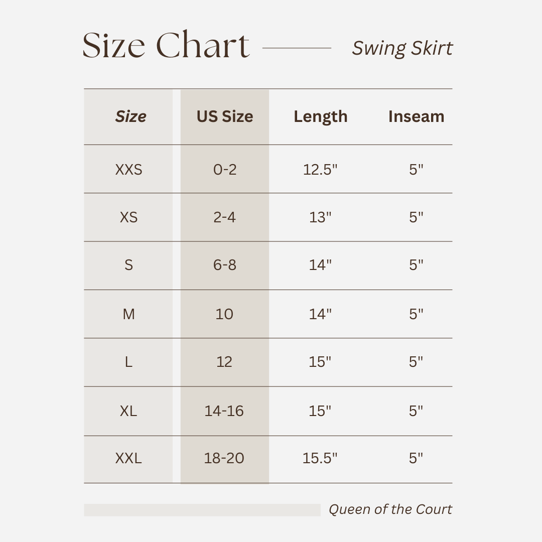 Swing Pickleball and Tennis Athletic Skirt Size Chart
