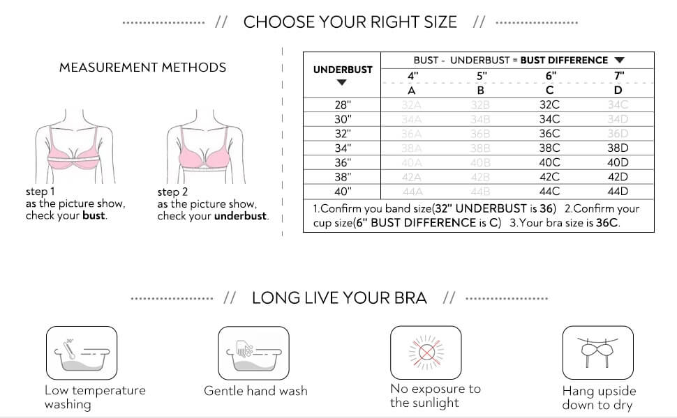 FallSweet Sexy Lace Front Close Wirefree Bra size chart