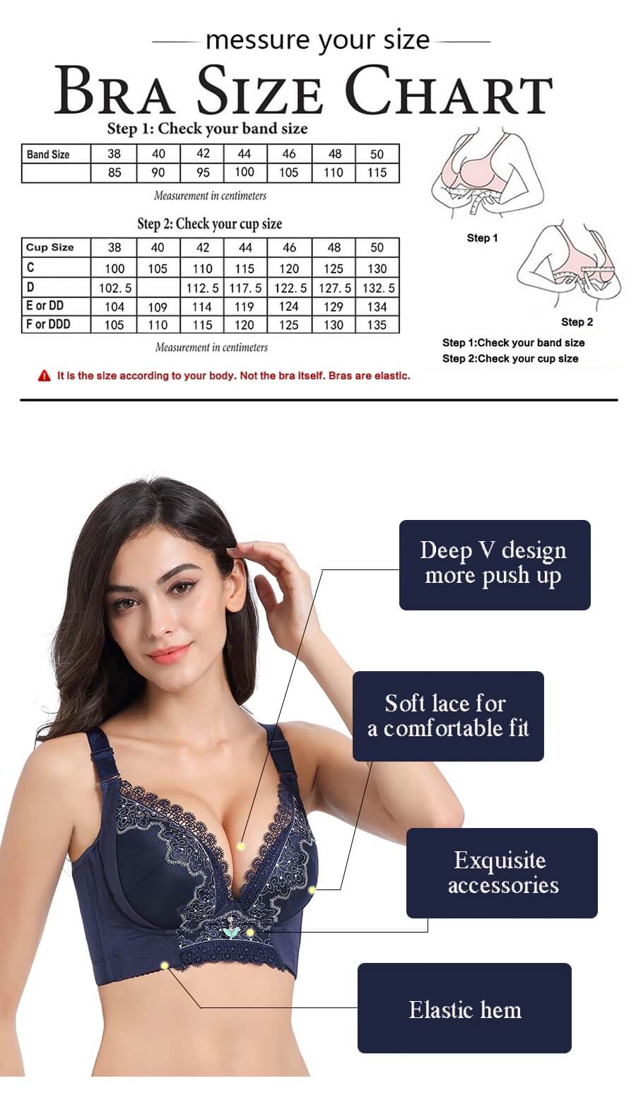 FallSweet details and size chart of Redefines Comfort Luxury Embroidered Wire Free Push Up Bra