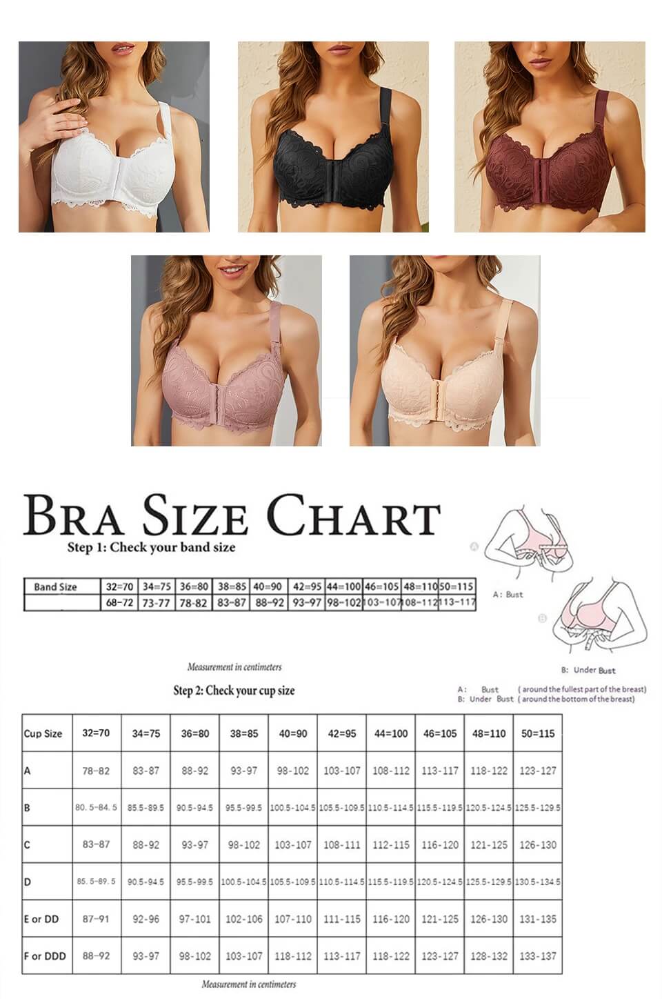FallSweet "Sexy Lace" Comfortable Front Closure Wireless Bra and size chart