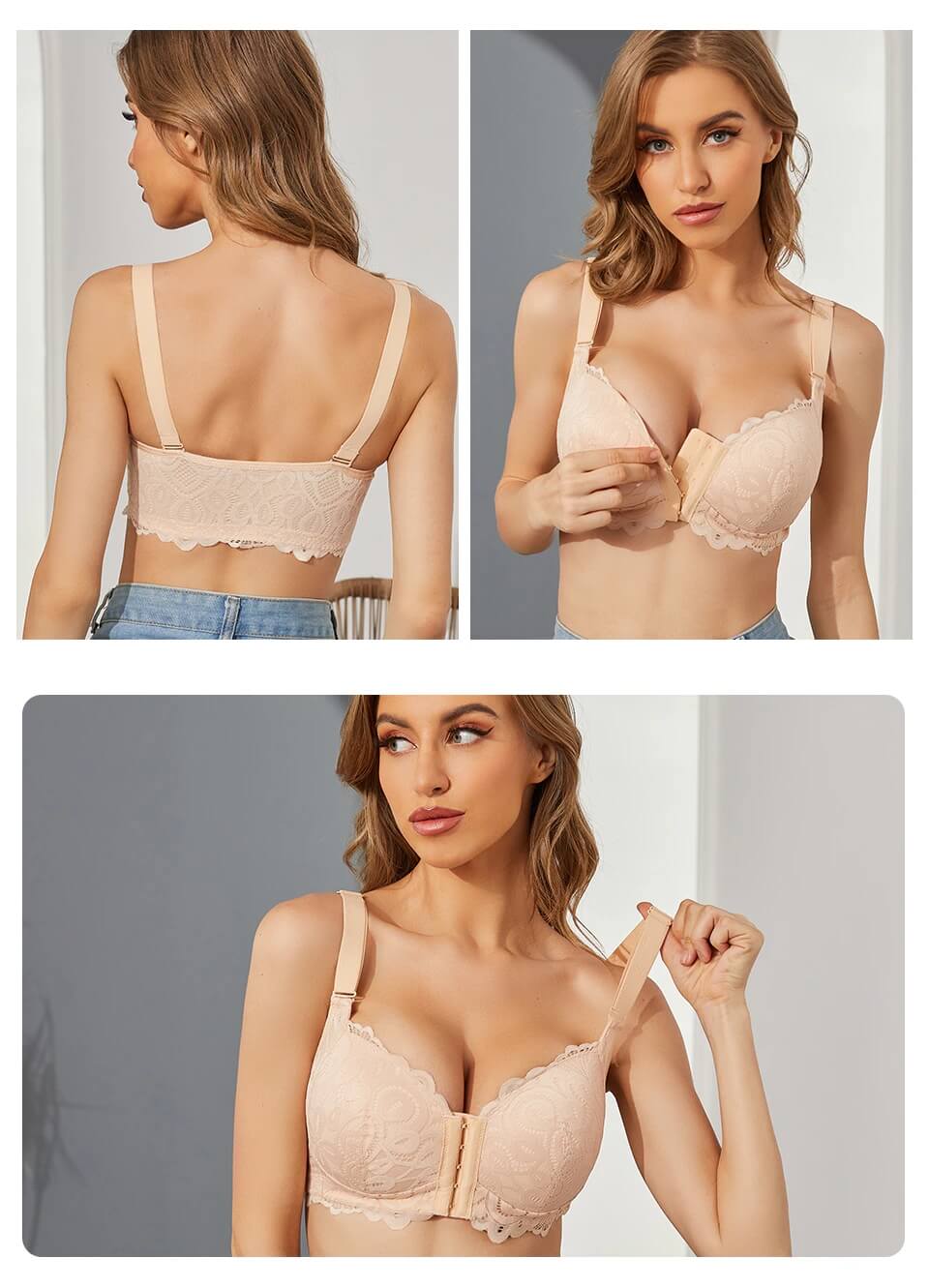 model show of FallSweet "Sexy Lace" Comfortable Front Closure Wireless Bra