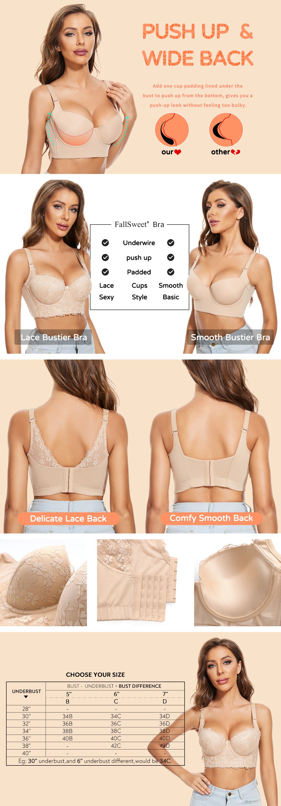 Details of "Add One Cup" Cocoa Plus Size Wide Band Push Up Bra - FallSweet