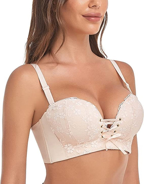 Side of FallSweet Beige "Add Two Cups" Lace Wirefree Push Up Bra For Women