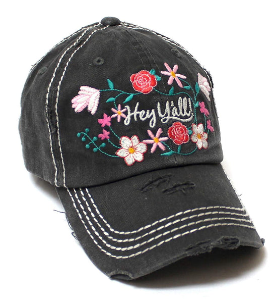 Women's Summer Ballcap Hey Y'all! Wildflower Embroidery Hat, Black ...