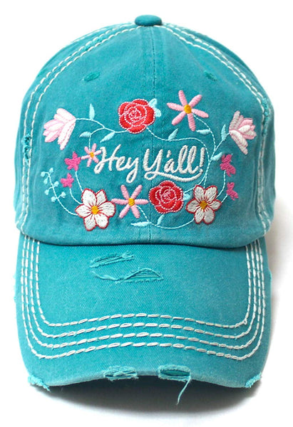 Women's Summer Ballcap Hey Y'all! Wildflower Embroidery Hat, Turquoise ...