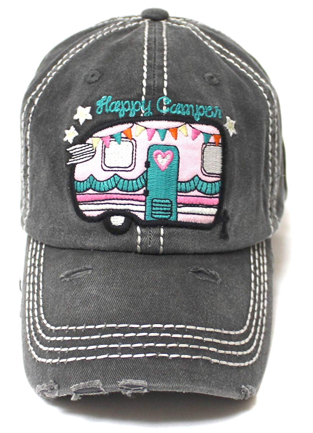 Women&#39;s Baseball Cap Cute Happy Camper Monogram Embroidery Design Hat, – Caps &#39;N Vintage