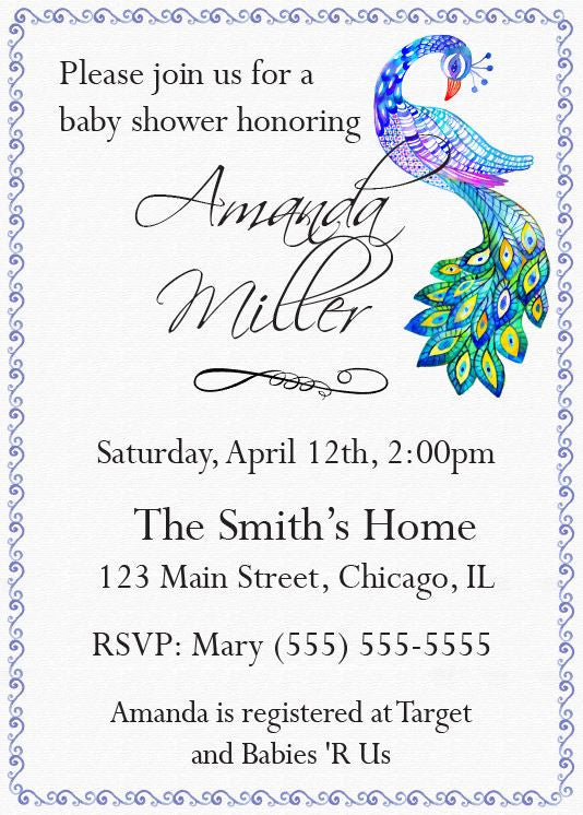 peacock baby shower invitation - printable