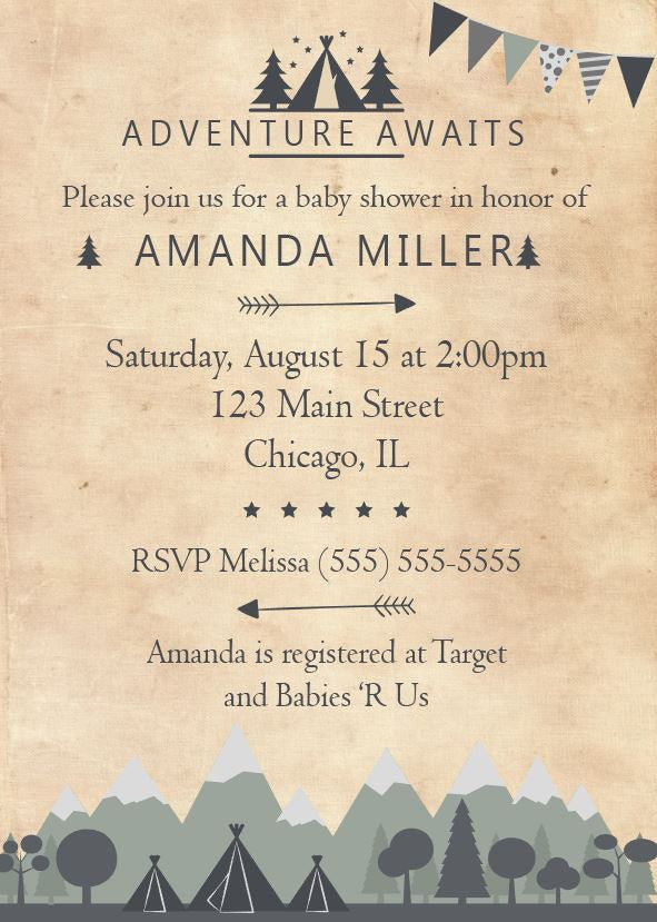 Camping Baby Shower Invitation Printable Adventure Outdoors Nature