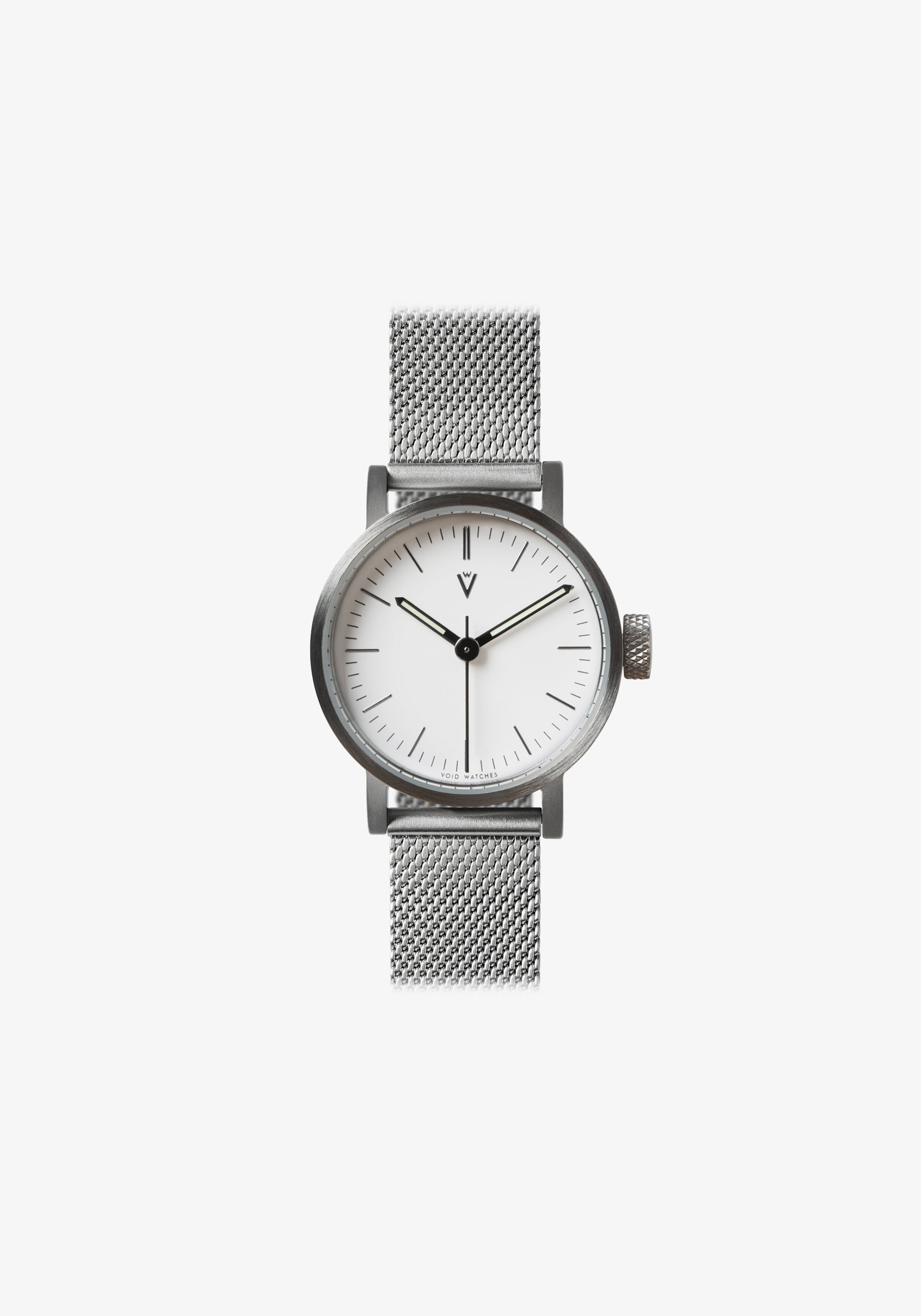 The V03P-BR/MR/WH by VOID Watches. Brushed finish on a stainless steel Petite watch.