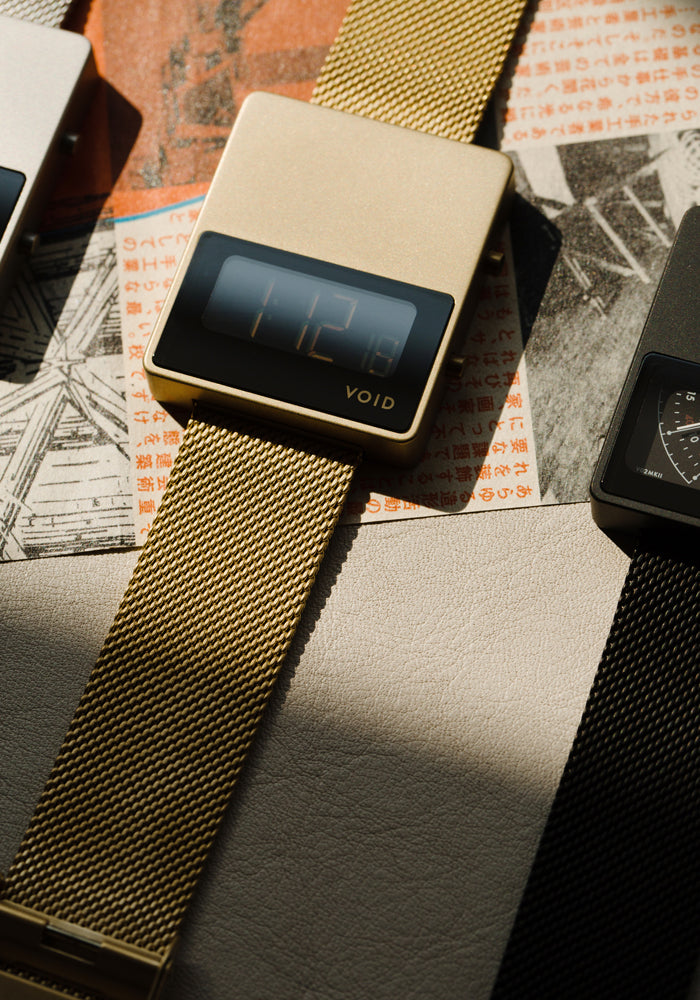 VOID Watches's iconic square watch, the V01MKII with a Milanese metal bracelet by Swedish Designer David Ericsson.