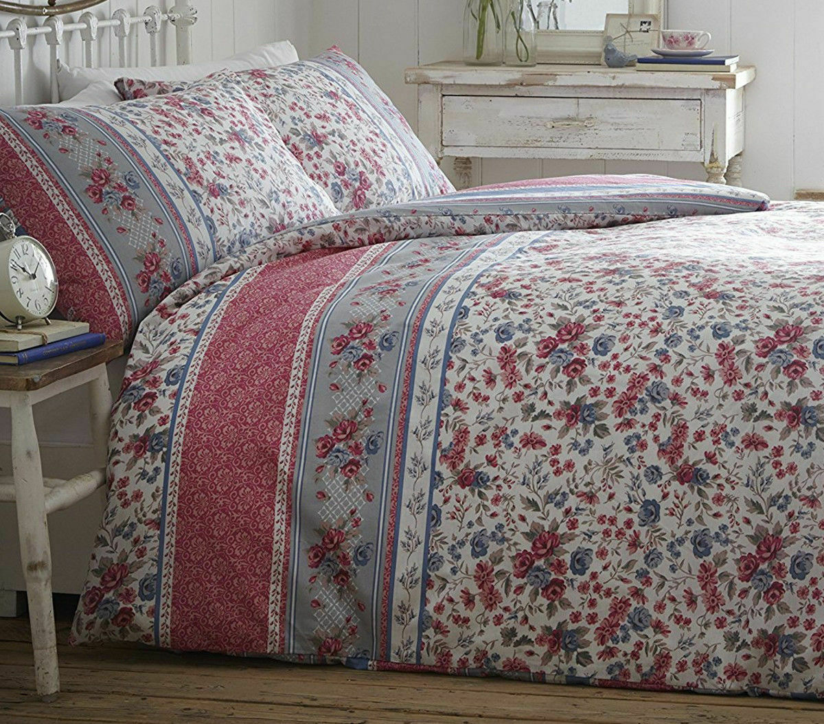 Hannah Pink Duvet Cover Set Pretty Floral Stripe Border Blue Grey Whit In Dreams