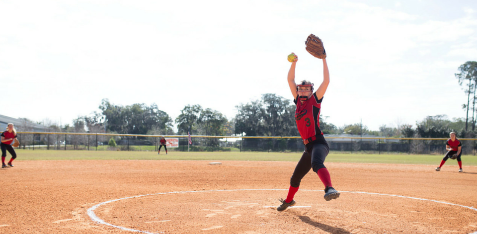 Softball pitcher winding for a pitch